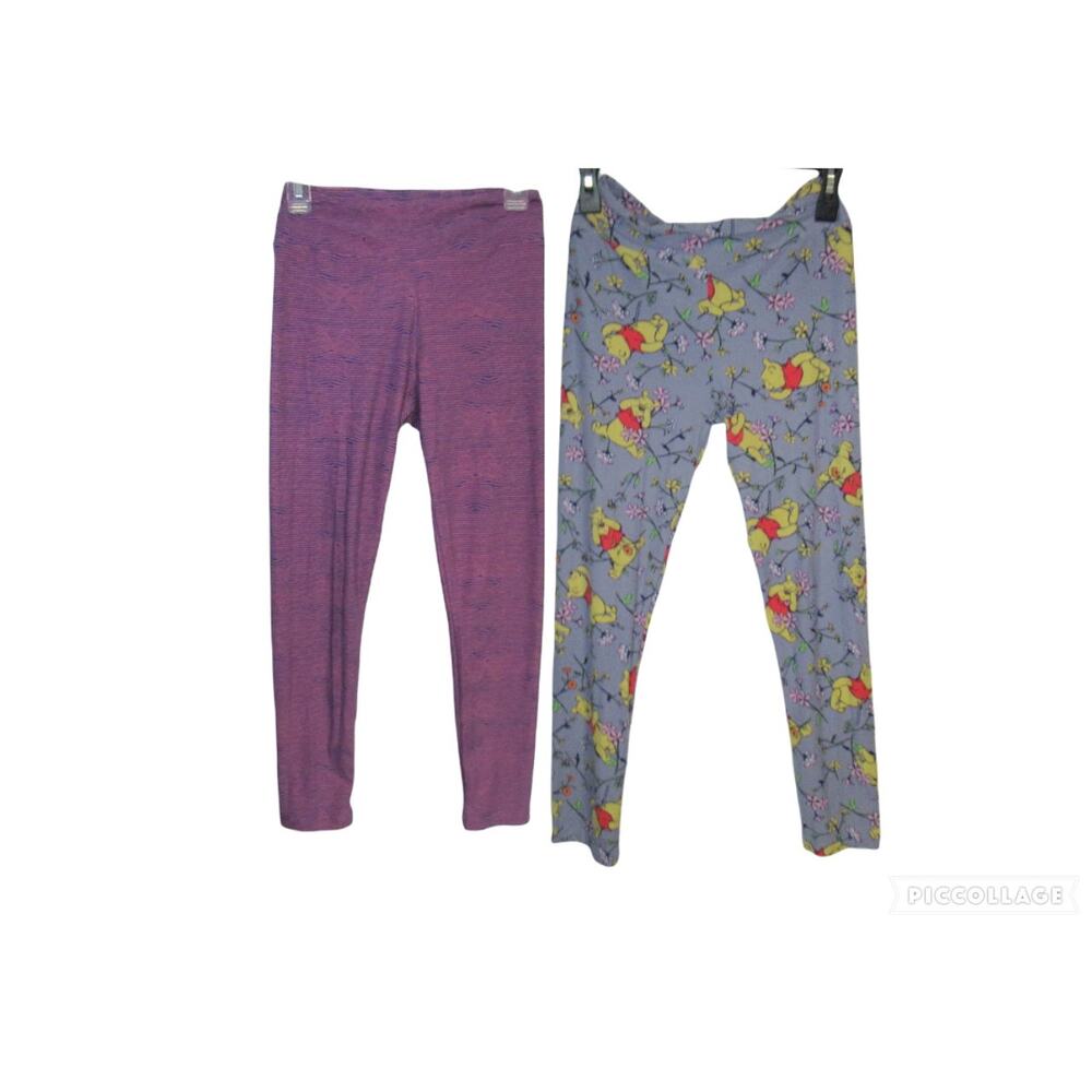Pair of LuLaRoe Purple Pooh Bear and striped leggings